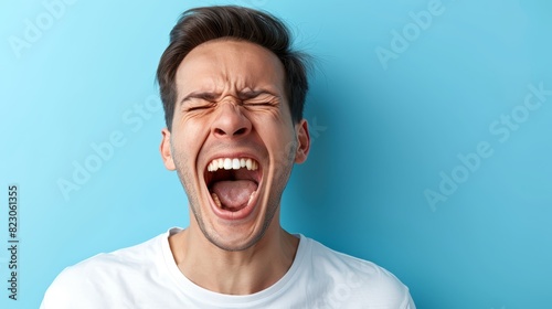  A man yawns widely with eyes closed against a blue backdrop