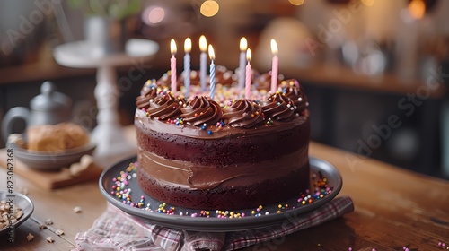 A decadent chocolate birthday cake adorned with colorful sprinkles and lit candles, sitting on a festive tablecloth