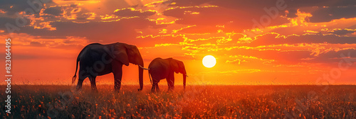 African Elephant at Sunset in Savanna