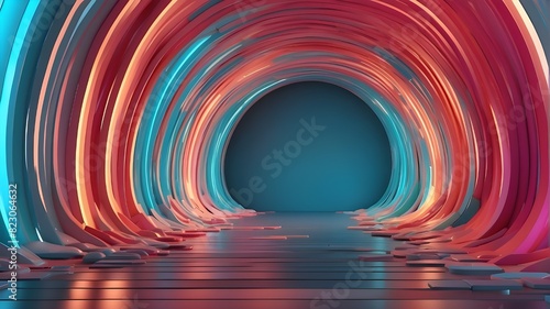 Tunnel of luminous arcs on an abstract background. 3D model.