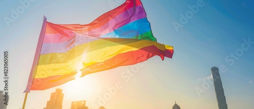 Closeup of rainbow flag, pride parade, warm sunny day, diverse participants