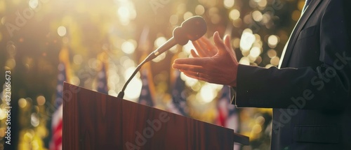 Hands of a leader gesturing passionately while giving an Independence Day speech, podium and microphone in focus, with blurred national flags and sunlight lens flare