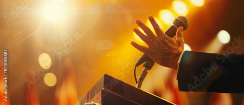 Hands of a leader moving expressively while giving an Independence Day address, podium and microphone in focus, with national flags and golden sunlight lens flare