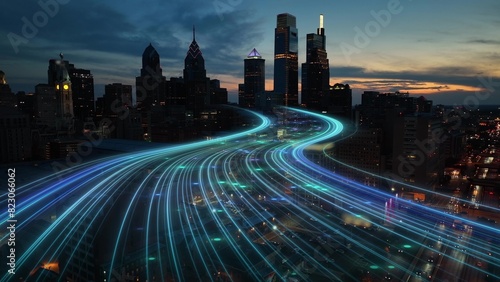 Smart city digital transformation development concept. Band lights over modern urban cityscape at night. New fast internet communication 5G technology. Fiber Optics