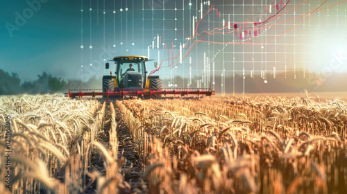 A tractor is harvesting wheat in a field while stock charts in the background reflect the economic impact on agricultural products