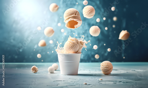 Creative food template. Soft serve gelato vanilla ice cream in white empty cup splashing bursting flying scoops drop on gradient smudge background. magazine, banner, advertisement. copy text space 