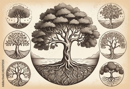 Tree of life, engraving style, sketch vintage illustration