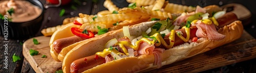 Two delicious hotdogs with mustard, ketchup, and toppings served with crispy french fries on a wooden board, perfect for a savory snack.