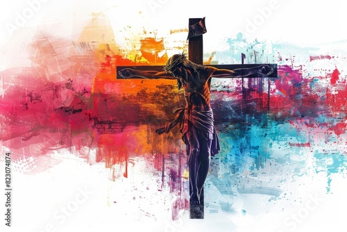Cross of Jesus Christ with a shroud, depicted on an abstract colorful background, isolated on white Copy space, symbolizing sacrifice and redemption