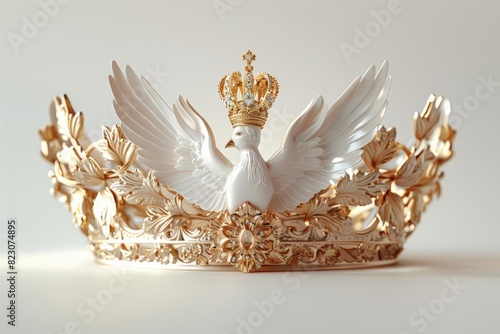 Crown and dove of the Holy Spirit on a pure white background, isolated Copy space, representing the Holy Trinitys power and peace