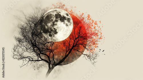 artistic yin yang, transparent background, inspired in trees with a sun and a moon,