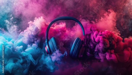 color headphones with colorful smoke
