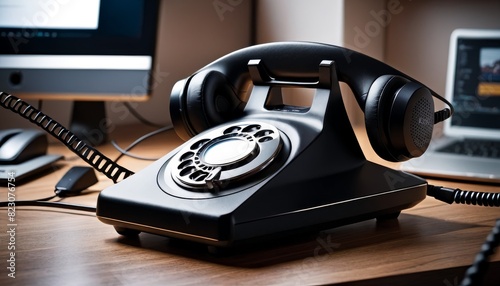 A classic black rotary dial telephone, set against a modern work environment with a desktop and computer in the background, highlighting a fusion of vintage and contemporary design.. AI Generation