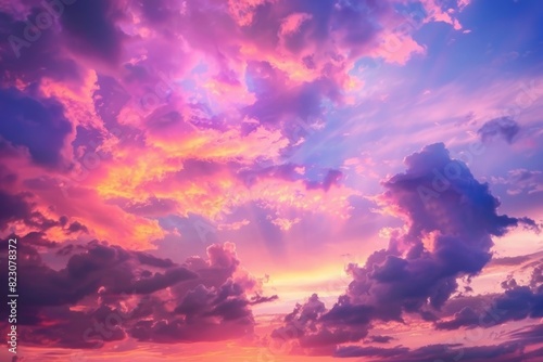 Sunset Sky Clouds in the evening with Red, Orange, Yellow and purple sunlight on Golden hour after sundown, Romantic sky in summer on Dusk Twilight