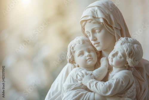 Mother Mary cradling baby Jesus, depicted in a classic style with soft lighting, isolated on white Copy space, symbolizing motherhood and divine love