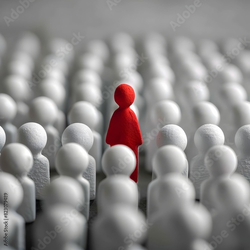 Solitary Red Form Amid White Crowd Conveying Concept of Individuality and Uniqueness