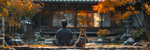 Amidst serene tranquility of a Zen garden a zenlike shiba inu named Kiko sits serenely beside his owner his stoic demeanor and wise gaze reflecting the ancient wisdom of his Japanese heritage