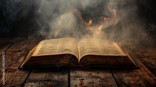 Open Christian book on a rustic wooden table, hellfire reflections in the pages, smoky atmosphere