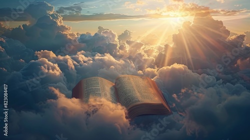 Open Christian book floating among fluffy clouds, gentle light beams, tranquil and serene setting, ultimate relaxation