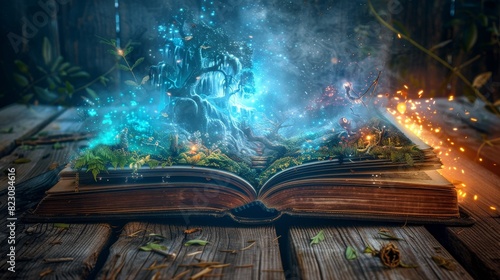 Open book with mystical fairy tales jumping out, glowing characters and enchanted forest, placed on a rustic wooden table