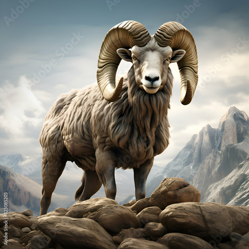 Mouflon standing on the rock in the mountains. 3d render