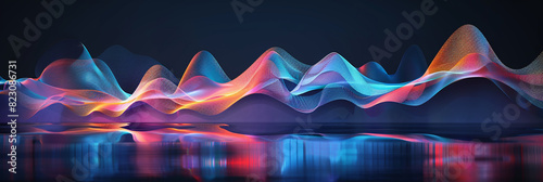 Sound waves in neon color with reflection. Black isolated background