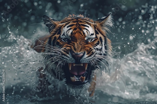 a tiger with its mouth open in water