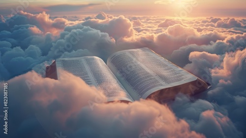 Open Bible with a soft glow, resting on a bed of clouds, calm sky, ultimate relaxation