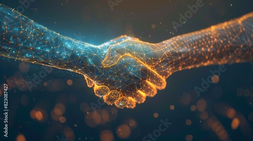 Two wire-frame glowing hands, handshake, technology, business and trust concept. Generative AI