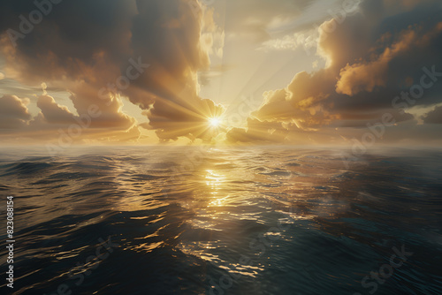 Zachód słońca nad oceanem, gdzie promienie słoneczne przenikają przez chmury, tworząc złociste refleksy na powierzchni wody. 