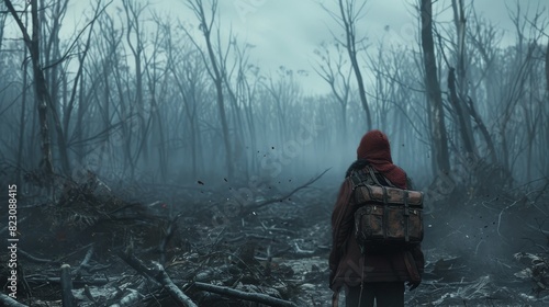 A lone traveler with a red beanie and backpack stands in a desolate, burnt forest under a gloomy sky, evoking a post-apocalyptic scene.