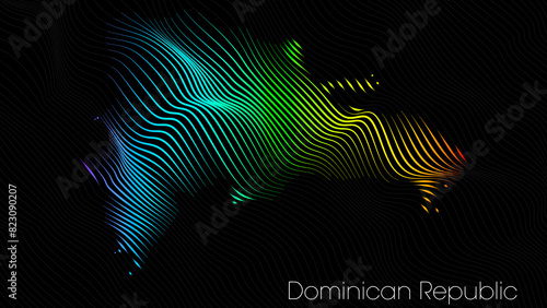 A map of Dominican Republic is presented in the form of colorful vertical lines against a dark background. The country's borders are depicted in the shape of a rainbow-colored diagram.