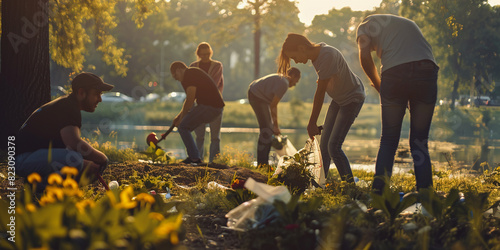 A heartwarming scene of a group of volunteers working together to clean up a local park, laughing and chatting as they pick up litter and plant flowers to beautify the space