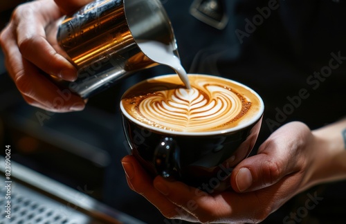 A barista's hands skillfully handle an espresso machine, creating perfect coffee cups with rich crema on top