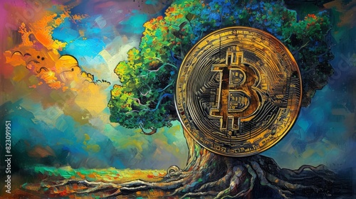 Artistic depiction of a giant Bitcoin coin embedded in an old tree trunk against a colorful painted backdrop.