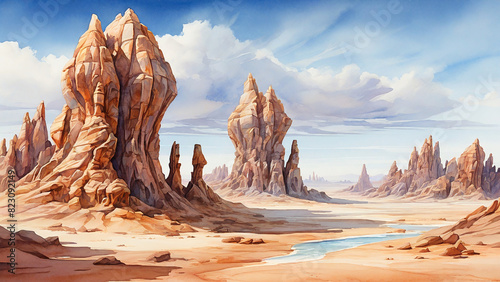 Watercolor painting: Unique desert rock formations, sculpted by wind and water, creating a dramatic and alien-like landscape.