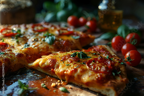 Pizza with mozzarella. tomatoes and basil on a dark background