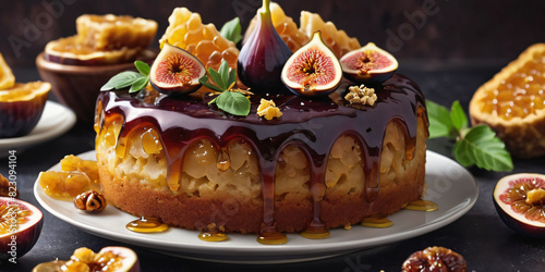 Symbols of birthday celebration:Fig and honey cake, fig slices, honeycomb pieces, thyme sprigs, honey glaze, fig jam