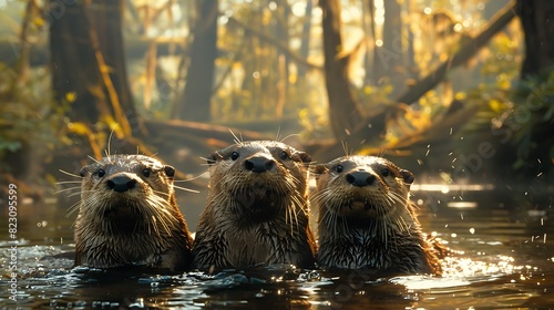 Amidst towering redwoods of California a family of otters frolics in the cool waters of a meandering river