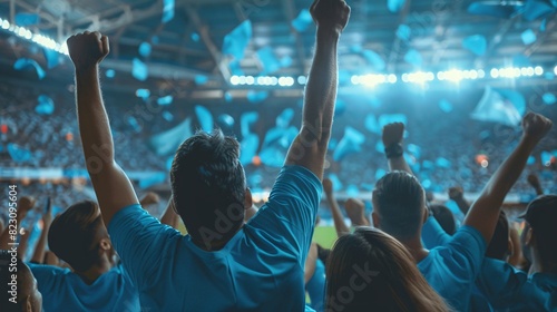 group of Sky Blue football team fans cheer and celebrating a winning tournament or winning league in stadium. the fans wearing sky blue shirt . Generative AI