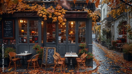 A charming Parisian cafe with outdoor seating, surrounded by colorful autumn foliage and cobblestone streets. The scene includes tables adorned with flowers in vases. Generative AI.