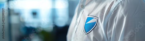 Corporate logo patch mockup, professional style, blue and white colors, sleek embroidery