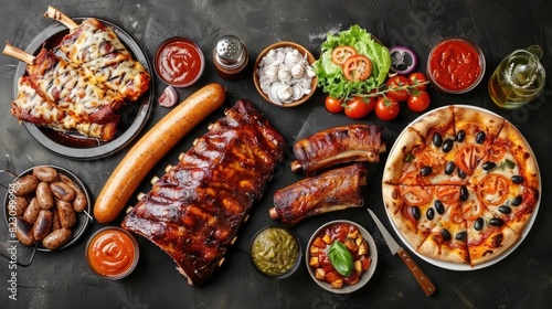 Delicious spread of barbecue ribs, sausage, pizza, vegetables, and sauces on a dark tabletop. Perfect for food lovers and culinary enthusiasts.