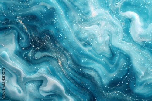 A close up of a painting of blue and white liquid