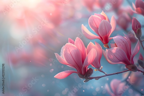 Two pink flowers on a branch with a sun shining behind them
