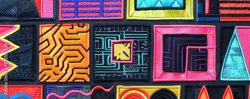 Retro patch mockup, 80s style, neon colors, geometric patterns, fabric texture