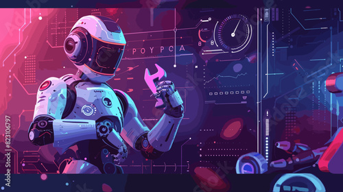 Futuristic 404 Error Page with Robotic Mechanic Holding Wrench, Chatbot Discussing Connection Issues on Website Under Construction