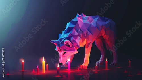 An illustration of a low poly wolf with stock candlesticks, symbolizing cheating or fraudulence in the stock exchange, depicted in a modern and abstract style.