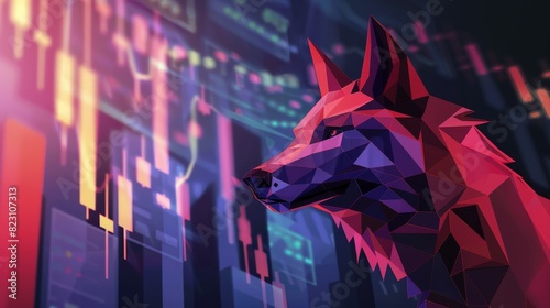An illustration of a low poly wolf with stock candlesticks, symbolizing cheating or fraudulence in the stock exchange, depicted in a modern and abstract style.