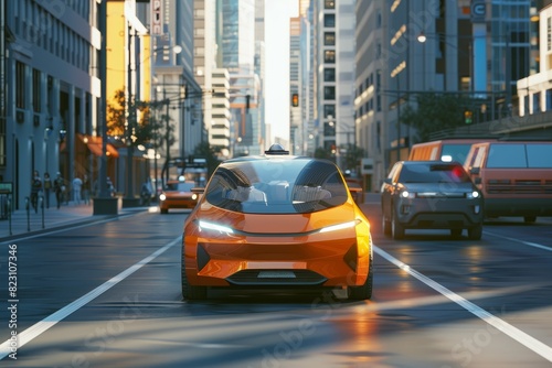 This 3D rendering showcases an autonomous self-driving electric vehicle smoothly changing lanes and overtaking another car in a bustling city environment, highlighting advanced automotive technology.